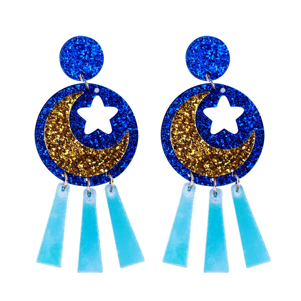 Yiwu Factory Price Blue Sequin Moon Hollowed Out Star Beautiful Planet Laser Tassel Pendant Drop Earrings for Women