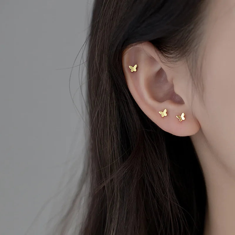 Simple Fashion Korea Gold Plated S925 Sterling Silver Creative Mini Butterfly Stud Earrings for Women Girls