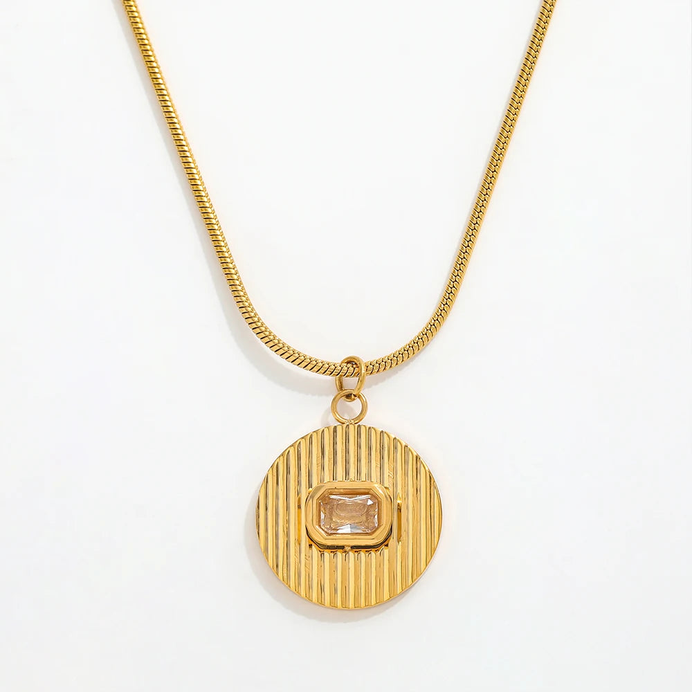 JOOLIM High End Stainless Steel Square Zirconia Round Pendant Necklace 18K Gold Plated Jewelry Wholesale