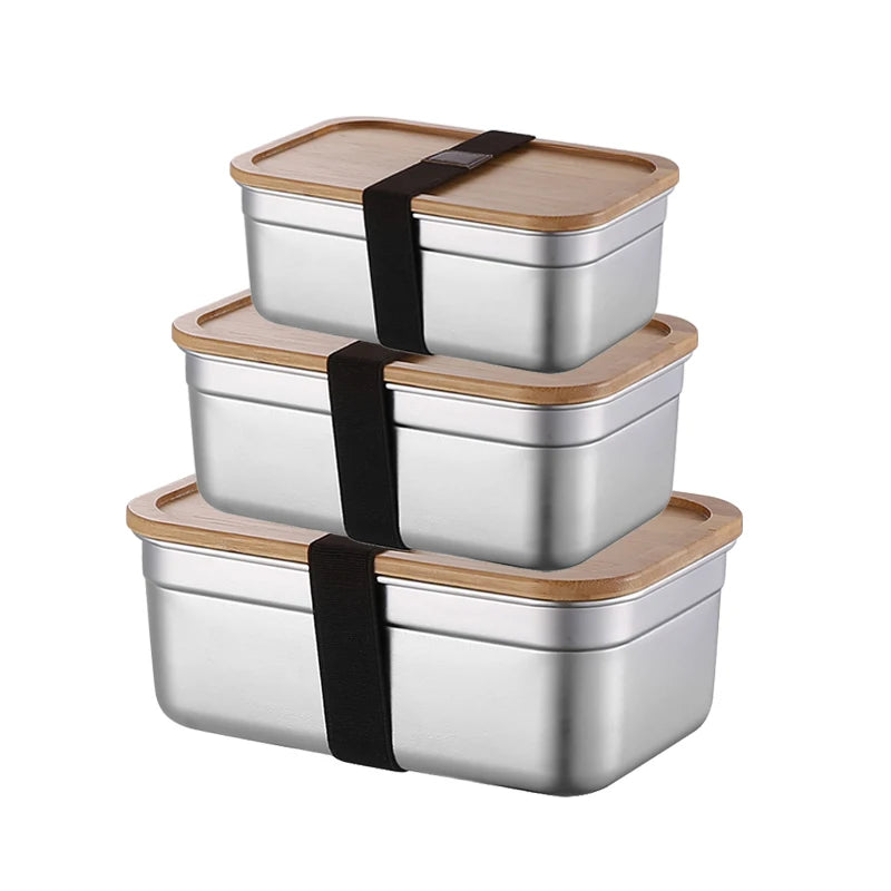 Japanese Stainless Steel Bento Box with Airtight Bamboo Lid Refrigerator Crisper Food Storage Containers for Lunches