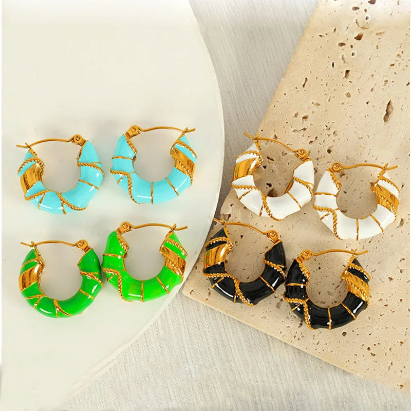 Ouj Summer Women Fashion Jewelry Colorful Oil Dripping Chunky Huggie Statement Geometric Stainless Steel Hoop Earrings