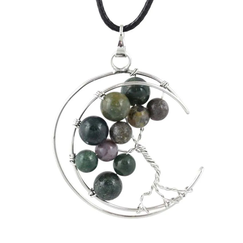 HZ Wire Wrapped Tree of Life Indian Agate Stones Round Shaped Drop Hoop Pendant for Gifts Healing Crystals Jewelry