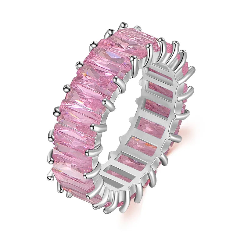 Jachon Hip Hop Pink Colorful Rectangular Zircon Rings for Women Rhinestone Finger Geometric Ring