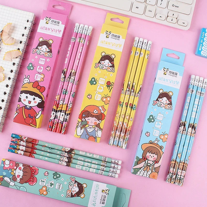 School Supplies Beautiful Promotional HB Eraser Pencil 6pcs Color Pencil Set Black Stationery Set Customized Wood Ningbo 50sets