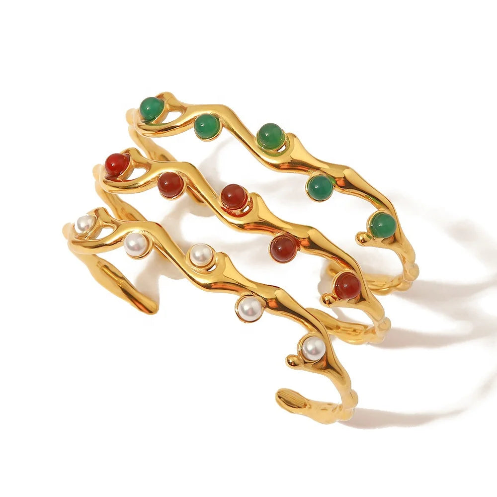 Popular Charm Fashion Jewelry Stainless Steel Gold Plated Natural Stone Pearl Adjustable Women Luxury Bangle Woven Bracelet