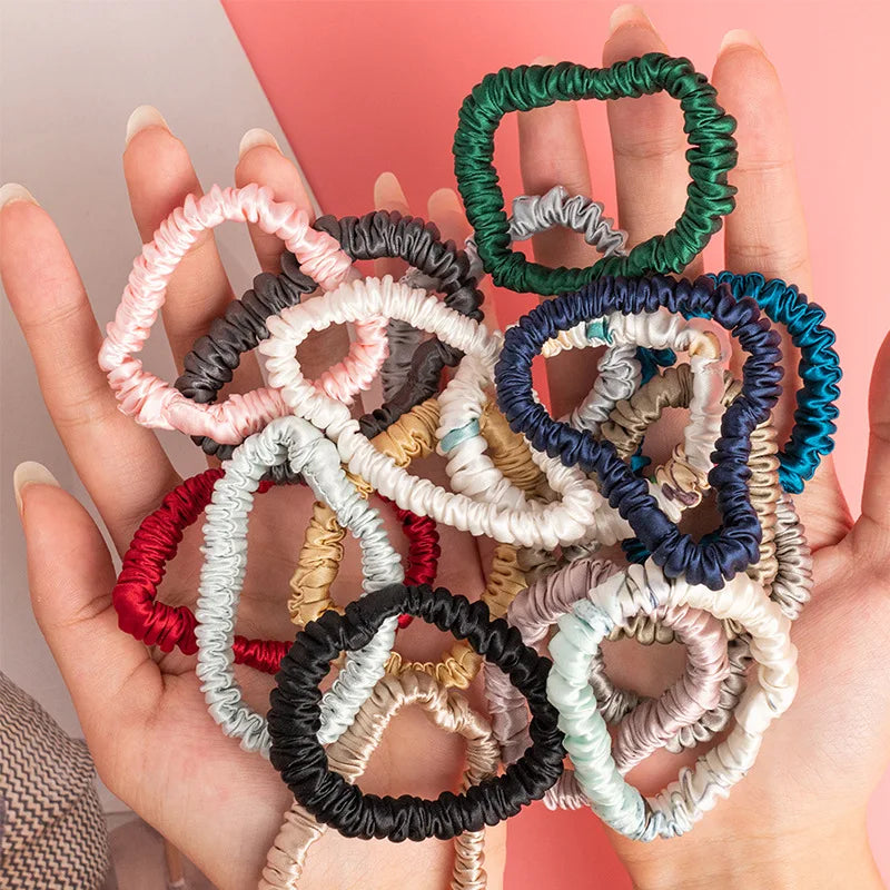 100% Natural Mulberry Silk Scrunchies Skinny Rubber Bands for Women Hair Ties 1CM Pure Silk Elastic Hairbands