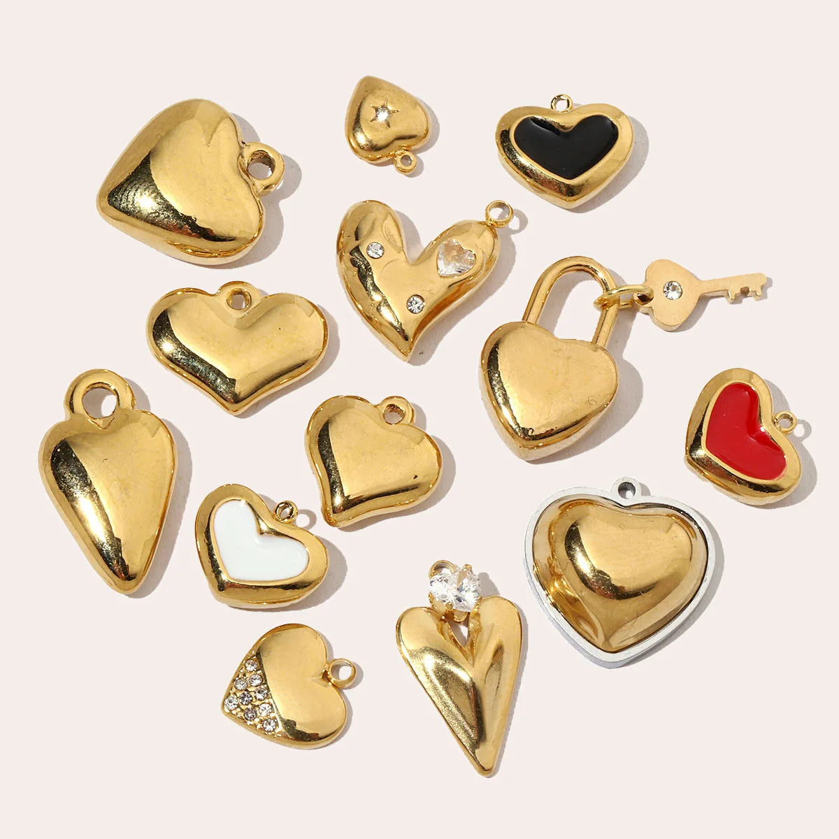 Beimai OEM Accessories French Retro Diamond Waterproof Gold Plated Stainless Steel Heart DIY Pendant Charms For Jewelry Making