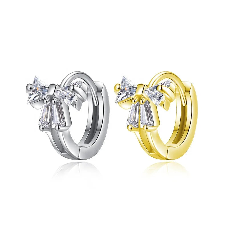 EH1518  Fine 925 Sterling Silver Zircon Diamond Bow Ear Buckle Earrings Women 18K Gold Plated Hoop Earrings Fashion Jewelry