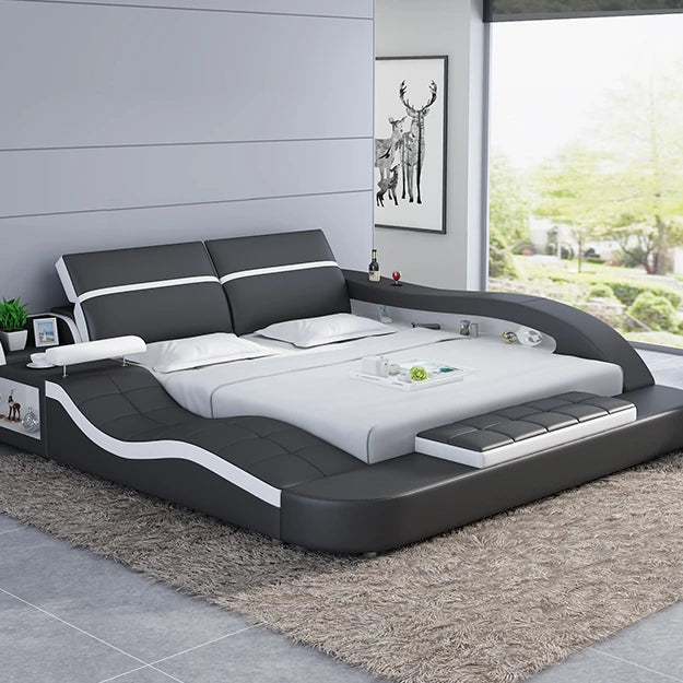 Designer Leather Luxury King Size Bedroom Furniture Set Modern Wooden Solid Multifunction Storage Bed Light Up-Holstered Queen
