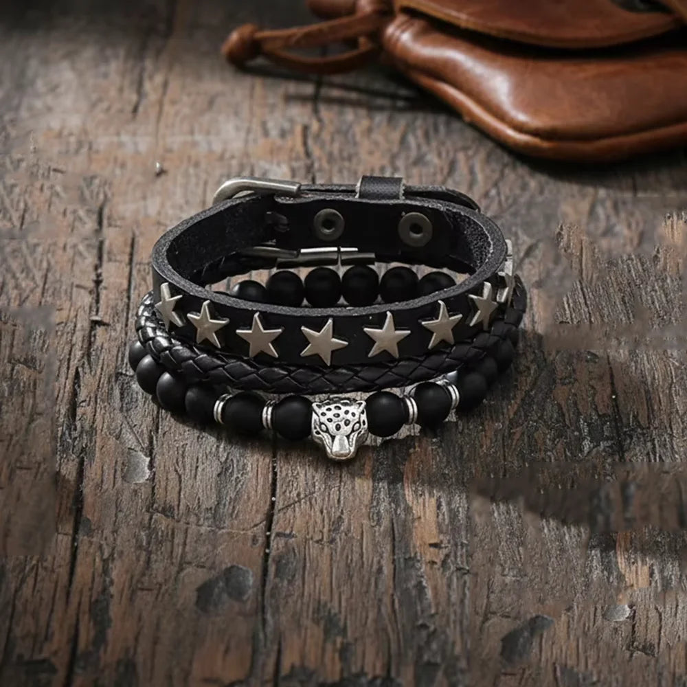 3 Pieces/set Simple Nature Stone Beaded Bangle Charm Stars Genuine Leather Bracelet for Men