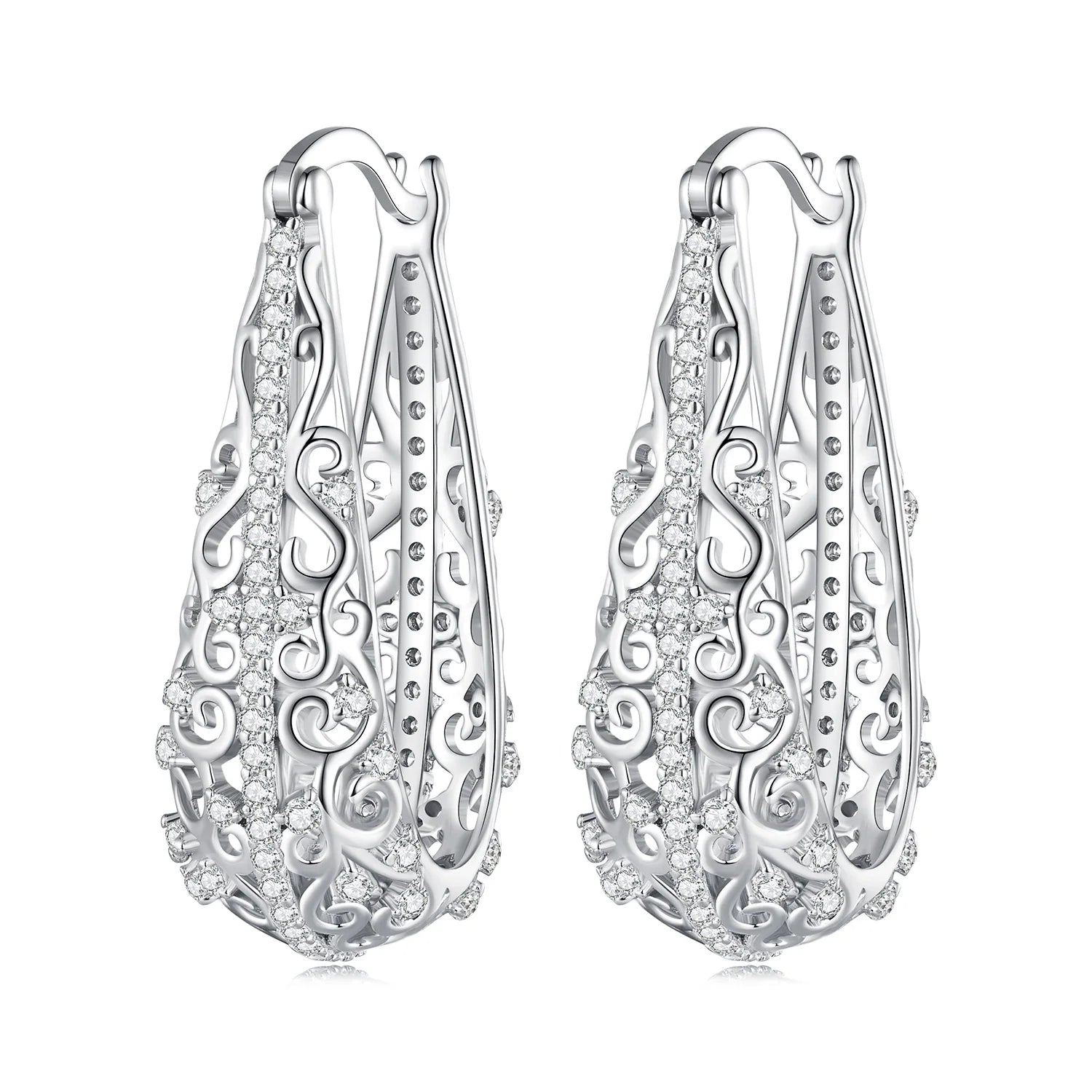 925 Sterling Silver Waterdrop Shape Ear Buckles Vine Hollow Pattern Hoop Earrings with Zircon Women's Decorative Jewelry BSE753