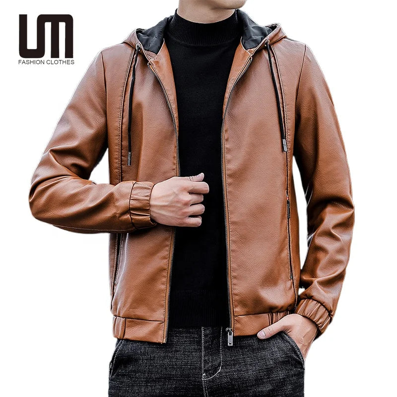 OEM Trending Fashion Men Windproof Motorcycle Casual Hooded Slim PU Leather Coats
