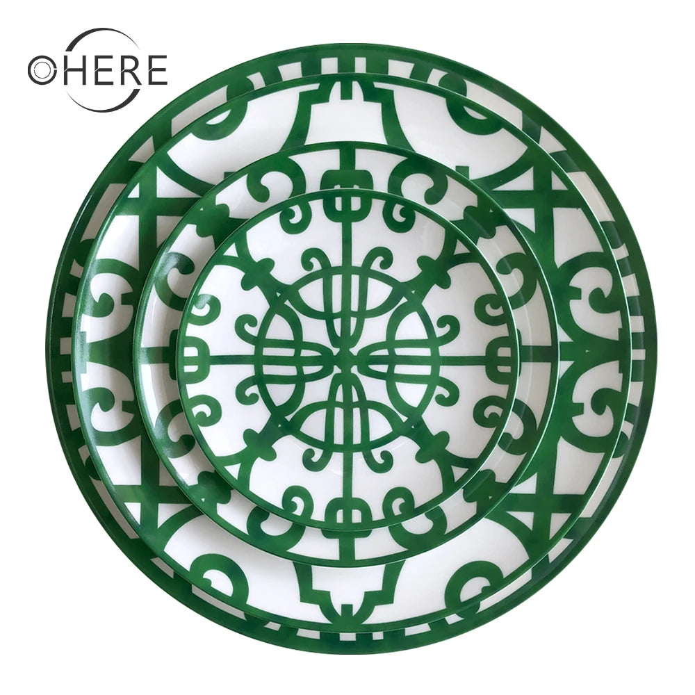Vintage Green Wrought Iron Style Bone China Dinnerware Set Eco-Friendly Ceramic Porcelain Dishes & Plates for Wedding Rental
