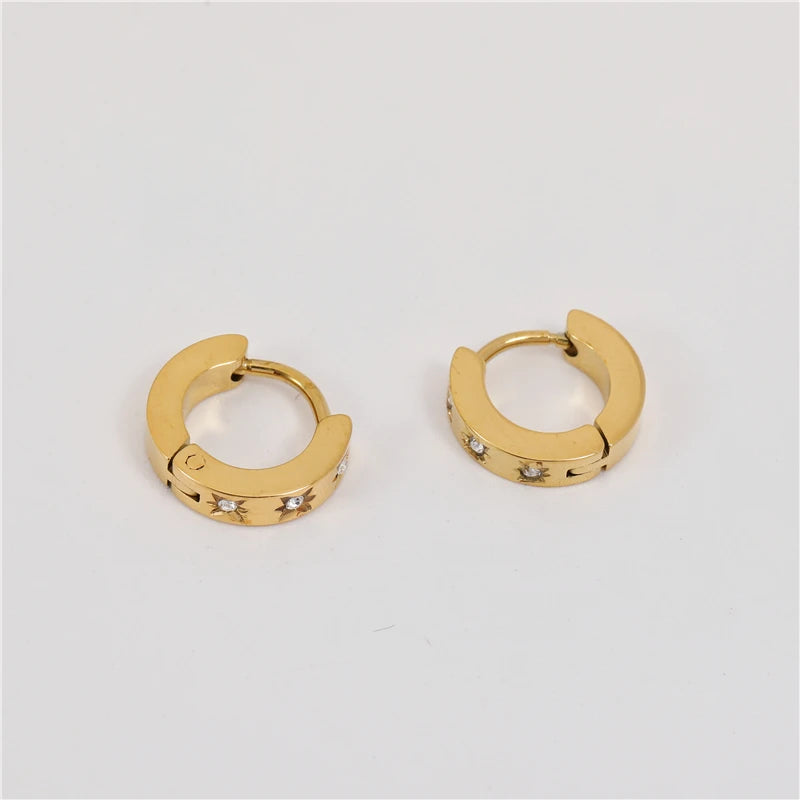 Fenny 18K PVD Plated Wholesale Waterproof&No Fade Stylish  Zirconia Pave Starburst Stainless Steel Huggie Earring for Women