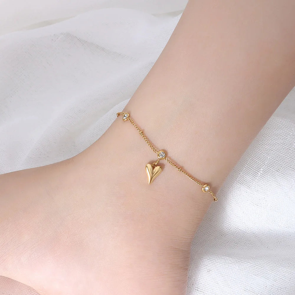 Chic Fashion 18k Gold Plated Stainless Steel Anklet with Zircon Heart Pendant NO Fade for Women's Jewelry Gift