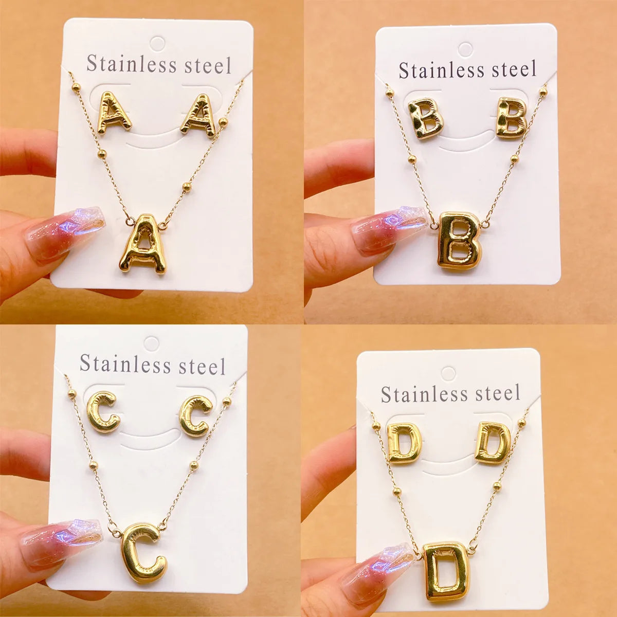 2PCS 18k Gold Bubble Chunky Letter Necklaces 26 Alphabet Stainless Steel Initial Letter Pendant Necklace Stud Earrings Set