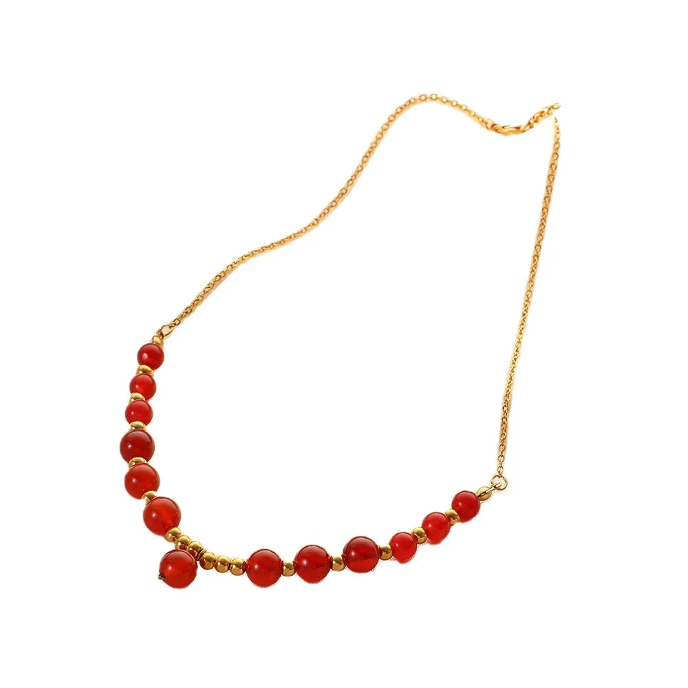 GT 18K Gold Plated Summer Beach Style Dainty Fashion Simple Patchwork Red Beaded Necklace Stainless Steel Jewelry Wholesale