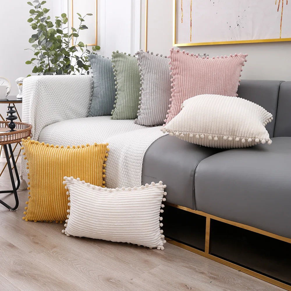 Wholesale Solid Striped Velvet Corduroy Pom Pom Pompom Tassel Pillow Case Cushion Cover Decorative Home With Fringe