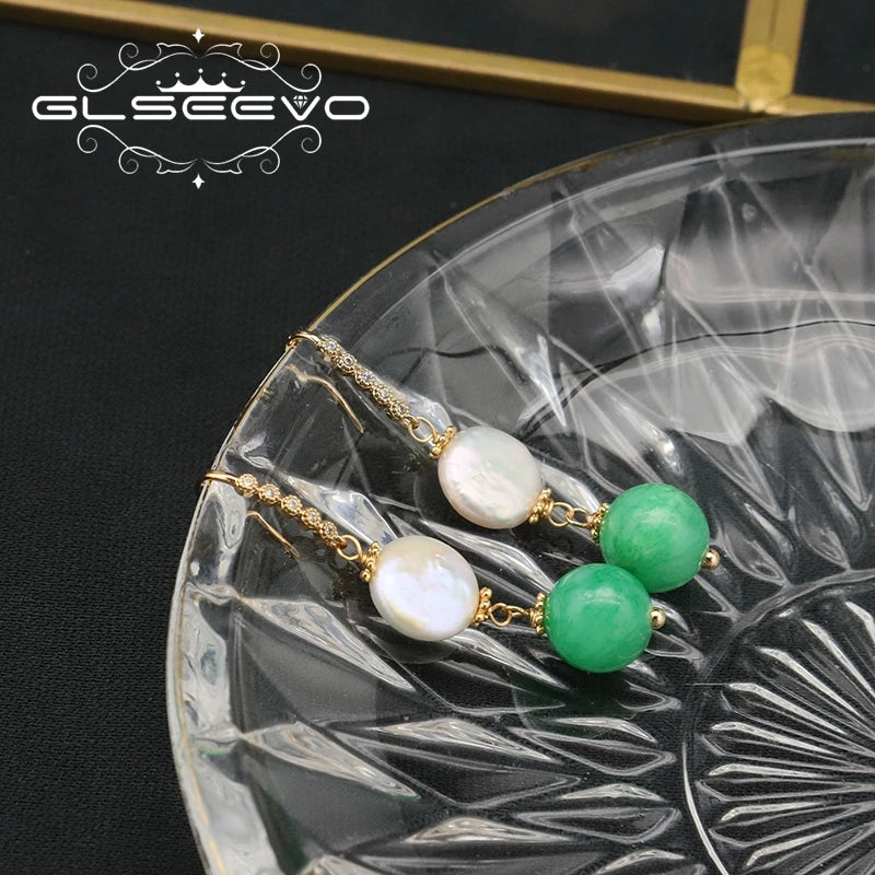 GLSEEVO 925 Sliver Lapis Beryl Baroque Drop Earrings for Woman Exquisite Luxury Temperament Hanging Jewelry Wedding Party Gift
