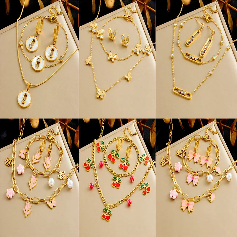 Sweet and Cute Bow Flower Cherry Butterfly Necklace Bracelet Earrings Fashion Stainless Steel Jewelry Set for Women