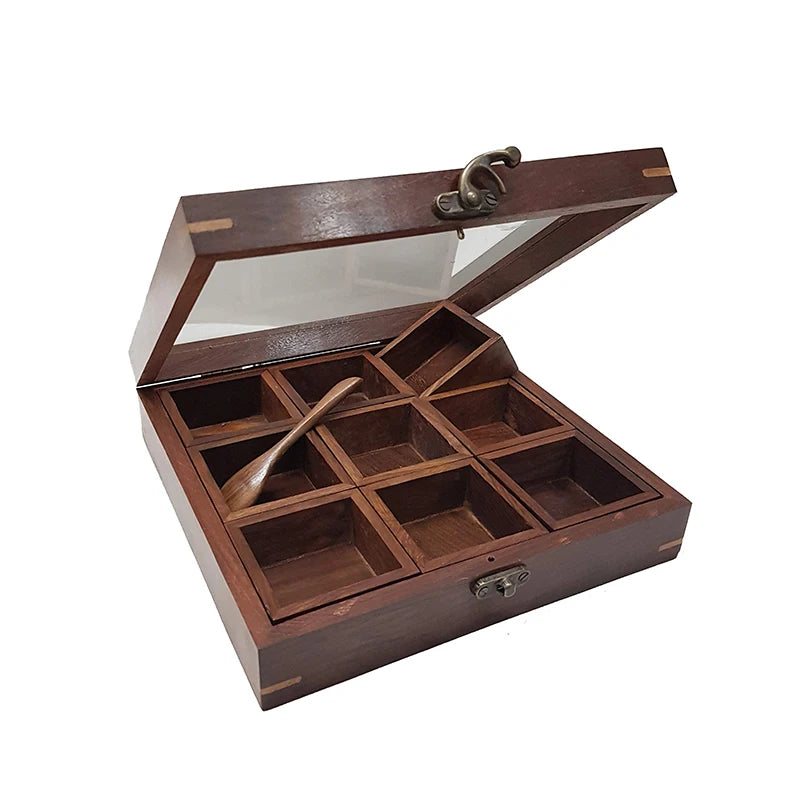 Designer Brown Wood Spice Box Set with Compartments Handicraft Masala Kitchen Seasoning Organizer