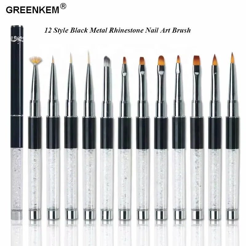1PC 12 Style Black Transparent New Metal Rhinestone Pen Acrylic UV Gel Extension Builder Nail Art Brushes