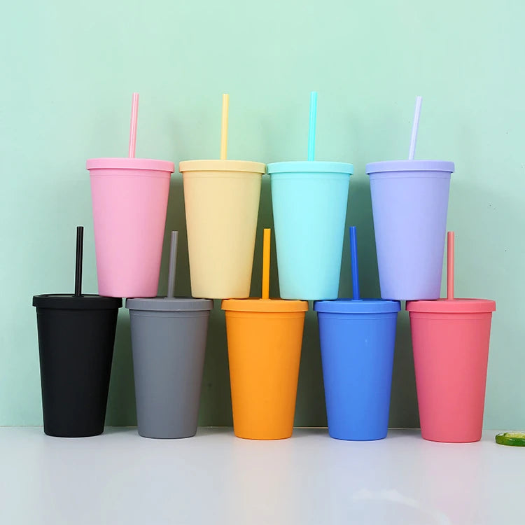 M76 Custom Reusable 16oz 24oz Drinking Tumbler Acrylic Reusable Cups Double Wall Matte Plastic Tumblers With Lids Straws