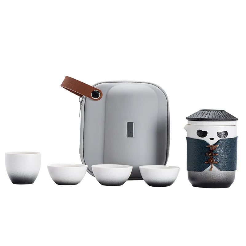 Travel Tea Set With Hand Case Ceramic Panda Teapot With Infuser and 4 Kungfu Tea Cups  Portable Travel Bag