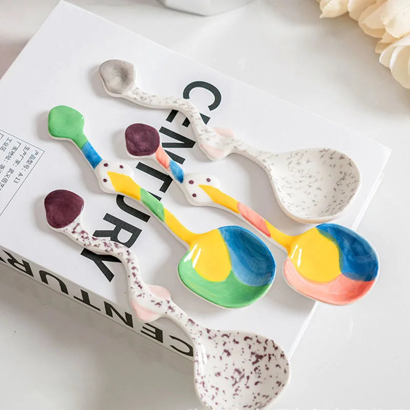 Creative Countercolor Ceramic Spoon Cute Splash Ink Dot Long Handle Spoon