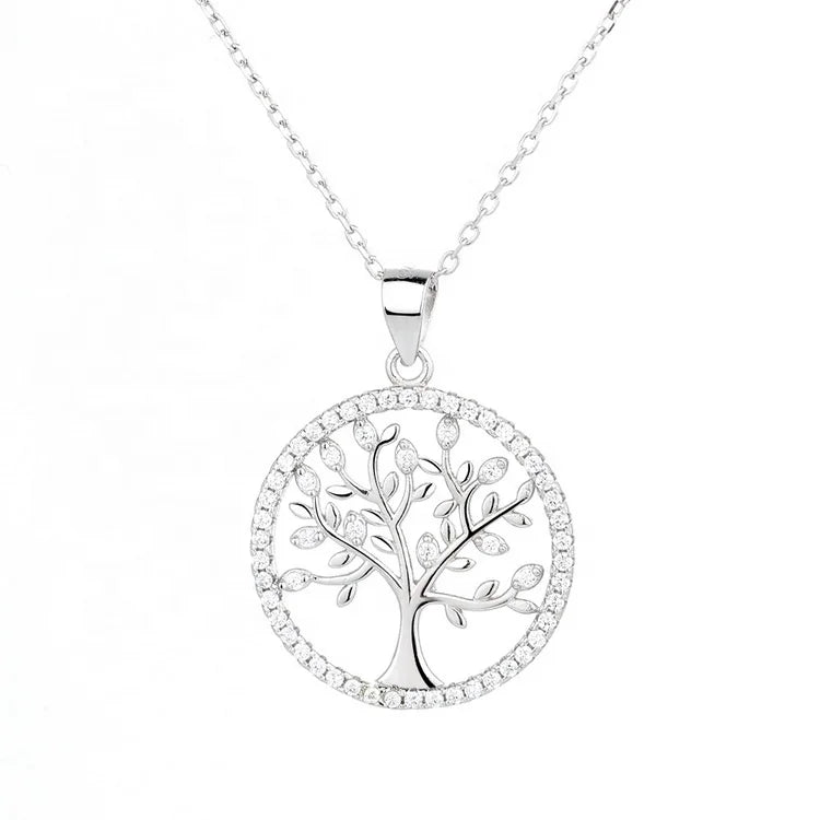 Wholesale 925 Sterling Silver Jewelry Trendy Tree of Life Pendant Necklace with CZ round Shape Zircon Link Chain