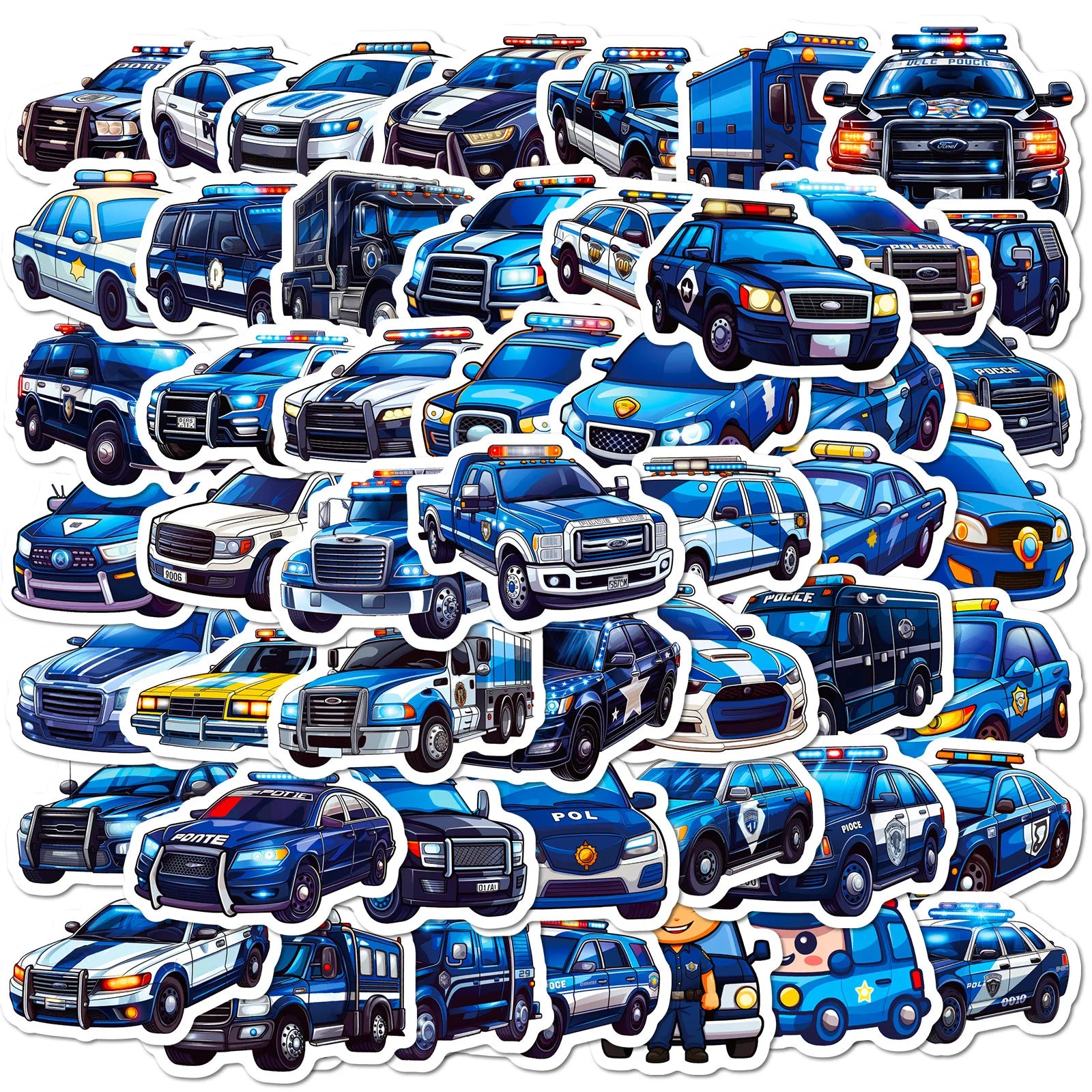 50PCS Not Repeated Cool Cartoon Vehicle Blue Van for Kids Gift Police Car Sticker