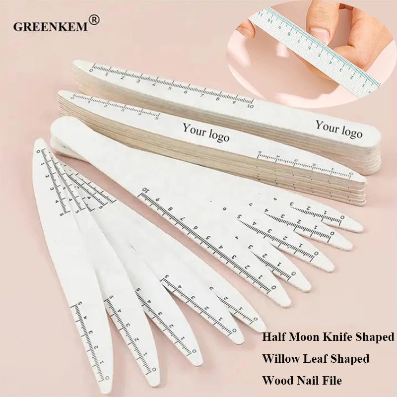 GREENKEM Nail File Custom Logo Print 80/100/150/180/240 Half Moon Knife Shaped Willow Leaf Shaped Wood Nail File
