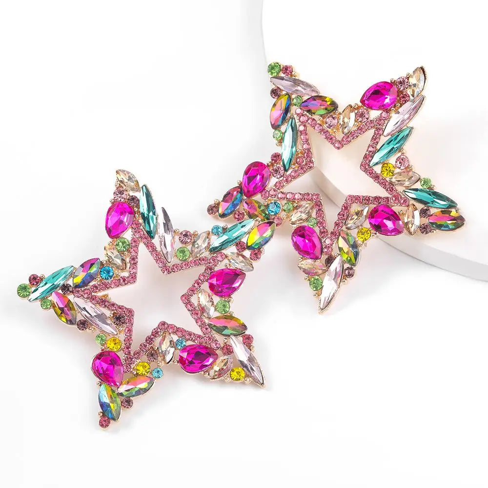 2025 Classic Trendy Stunning Glass Rhinestone Earring Colorful Diamond Star Earrings