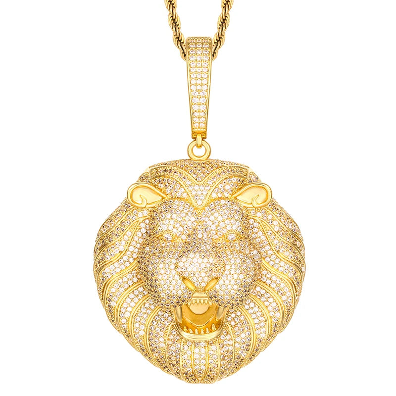 Fashion Hip Hop Jewelry 18K Gold Plated Brass Full CZ Diamond Paved Lion Head Necklace Pendant for Rapper Jewelry