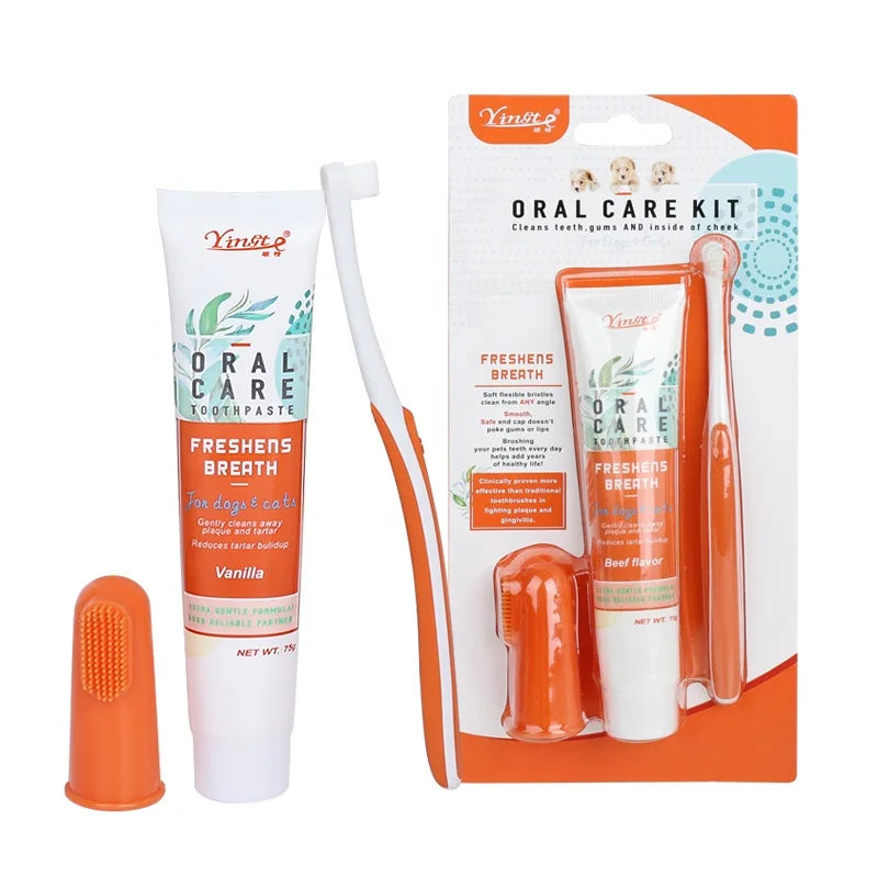 Factory Wholesale 3 in 1 Vanilla/Beef Flavors Pet Dog Toothpaste Toothbrush Set