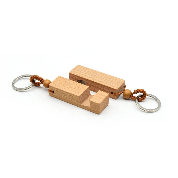 Blank Custom LOGO Wooden Key Chain Accessories Beech Wood Phone Holder With Key Chain
