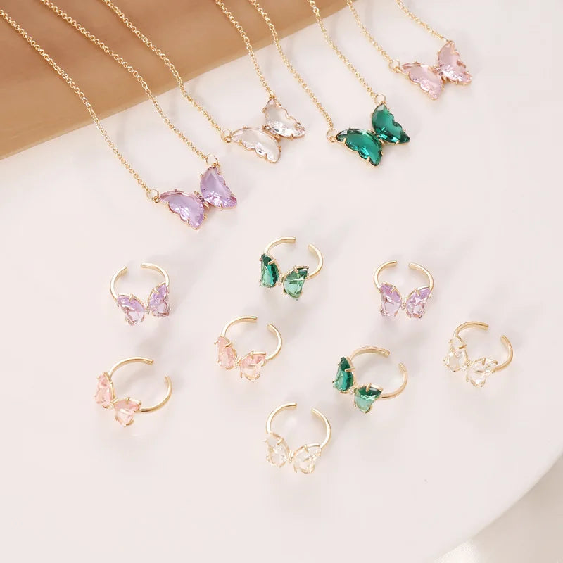 2021 Colorful Glass 18K Gold Plated Pendant Crystal Butterfly Necklace Butterfly Rings Butterfly Jewelry Set for Women