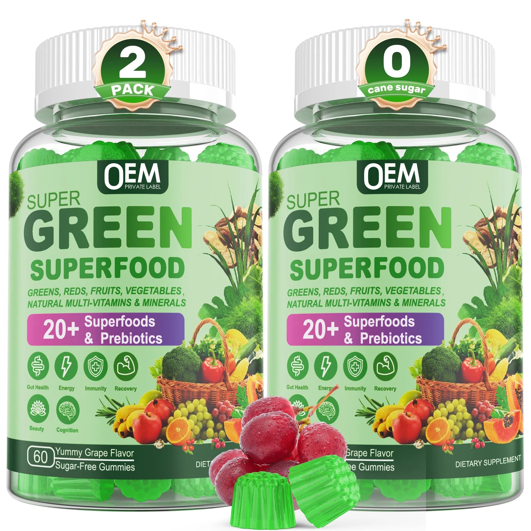 Factory Super Greens Gummies Fruit Veggie Greens Superfood Powder Gummies Supplement with Spirulina Chlorella Prebiotic Fiber