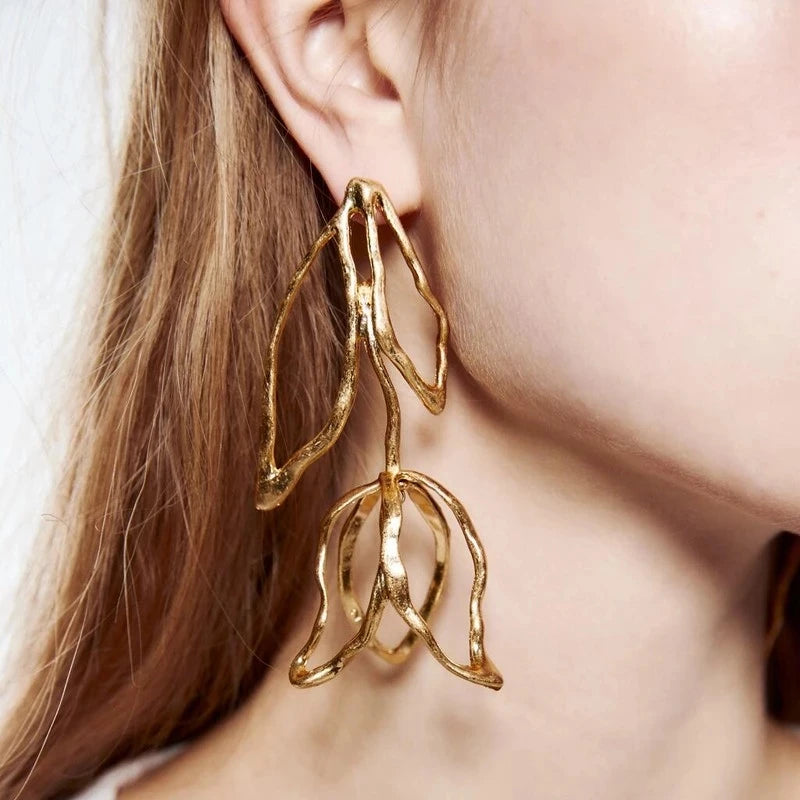 Kaimei 2022 Earring Oversized Hollow Tulip Dangle Earrings for Women Metal Cool Retro  Flower Long Gold Leaf Drop Earrings