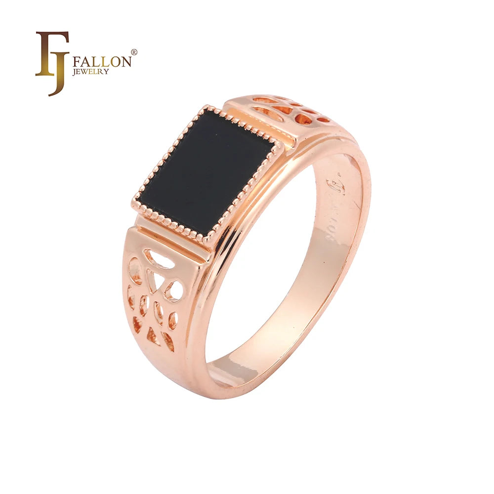FJ Fallon Fashion Jewelry Signet Black Mens Rings Plated in Rose Gold Brass Based