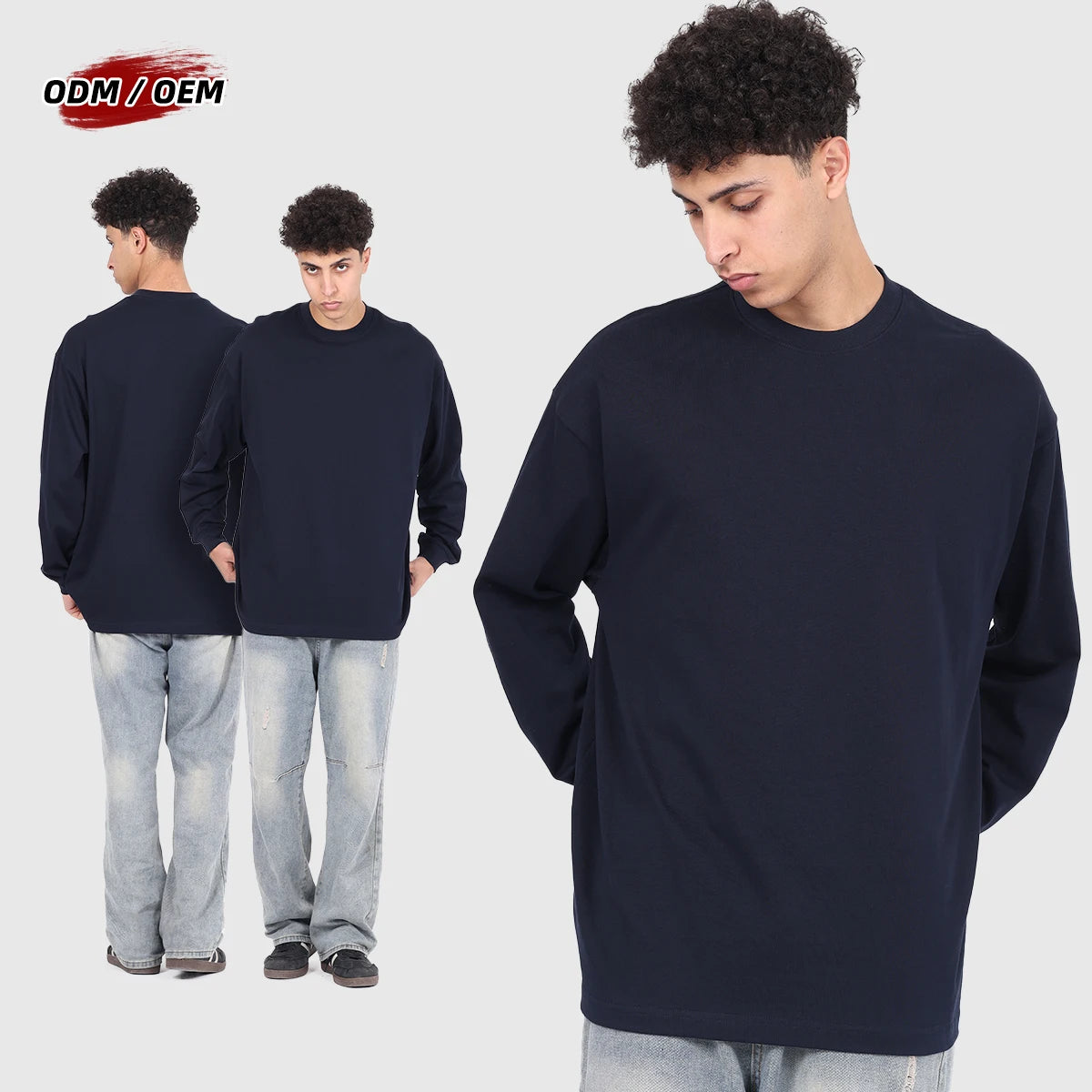 Xinglan Custom Acid Wash Blank Graphic Knitted 305g Cotton Men's Oversize Long Sleeve Vintage Washed T-Shirt