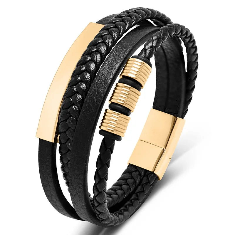 Handmade Men's Stainless Steel Braided Rope Leather Wristband Bracelet Trendy Religious Bracelets with Magnetic Clasp