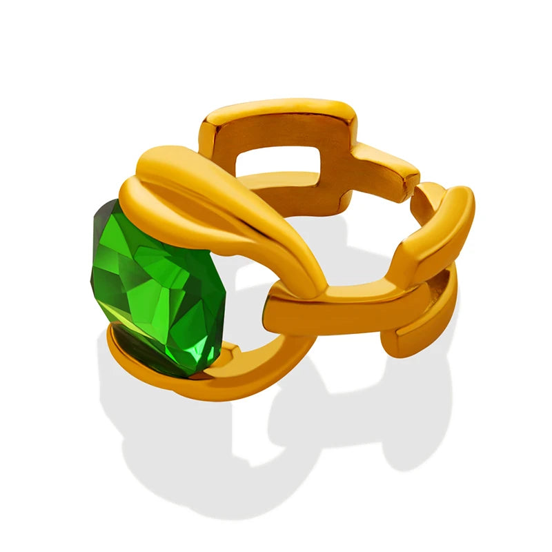 Hot Selling Vintage Emerald Crystal Stone Stainless Steel Gold Plated Rings for Women