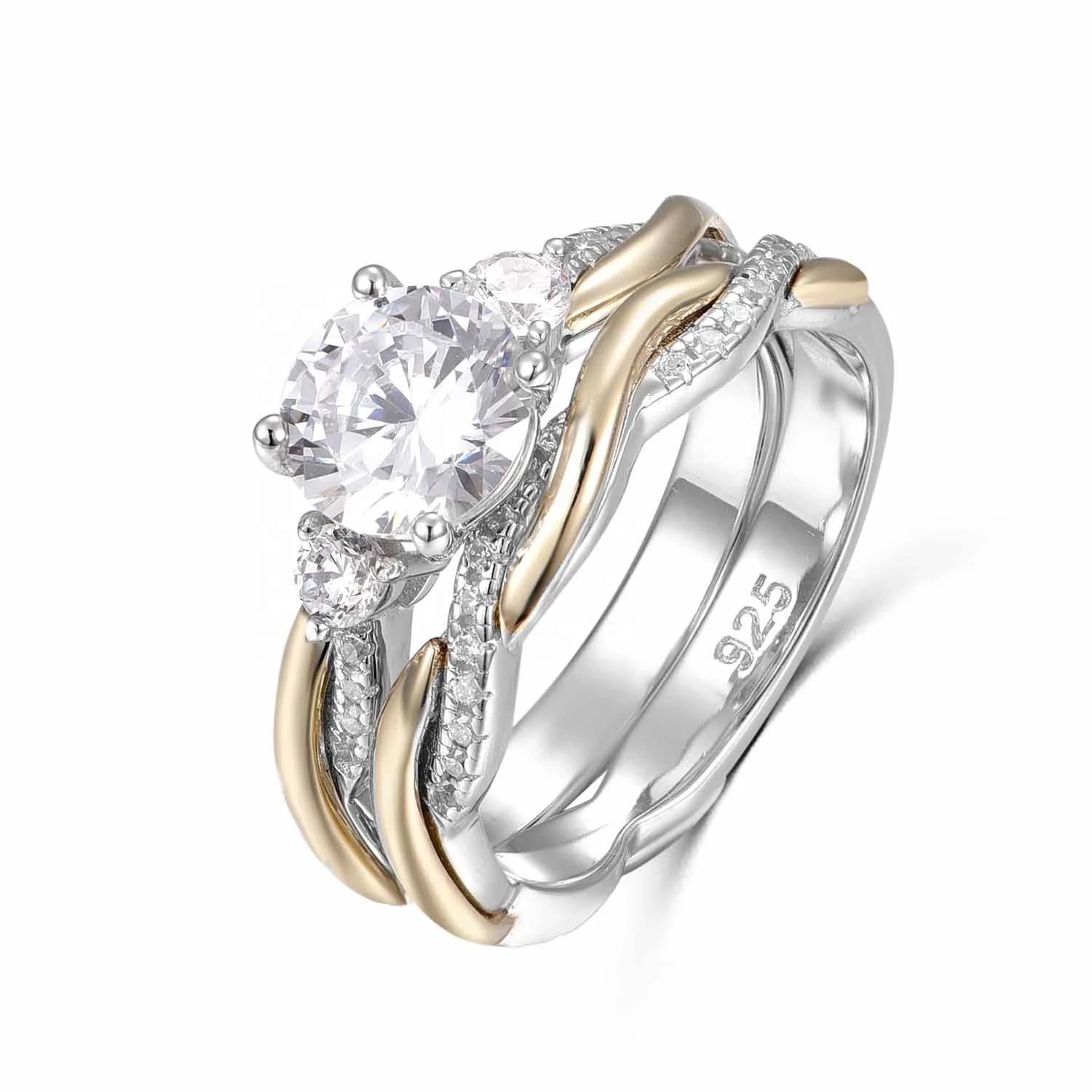 Wholesale Rhodium Plated Round CZ Engagement Bridal Ring Set 9K Solid Gold Infinity Wedding Band Ring Women Gift
