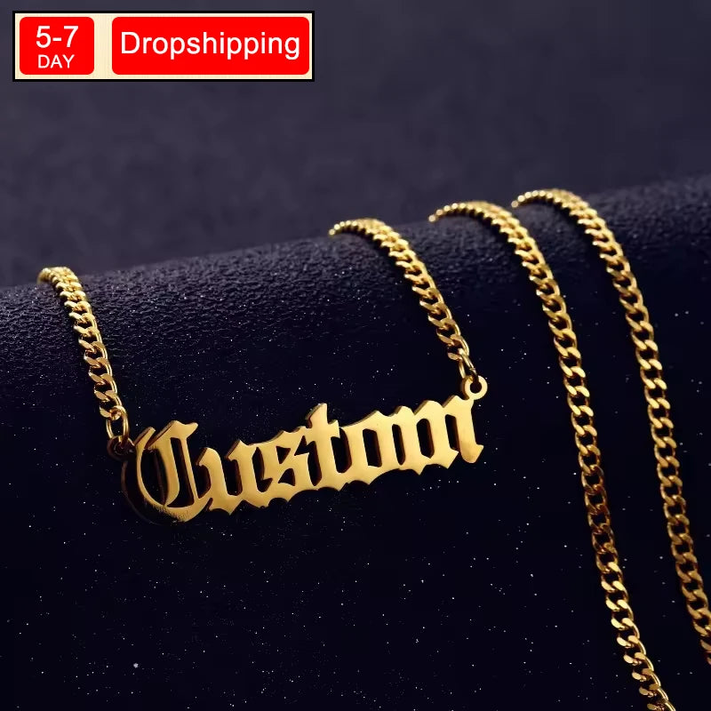 New North Custom Names Charms Necklace Fashion Jewelry PVD Stainless Steel Cuba Chain Personalized Letter Names Pendant Necklace