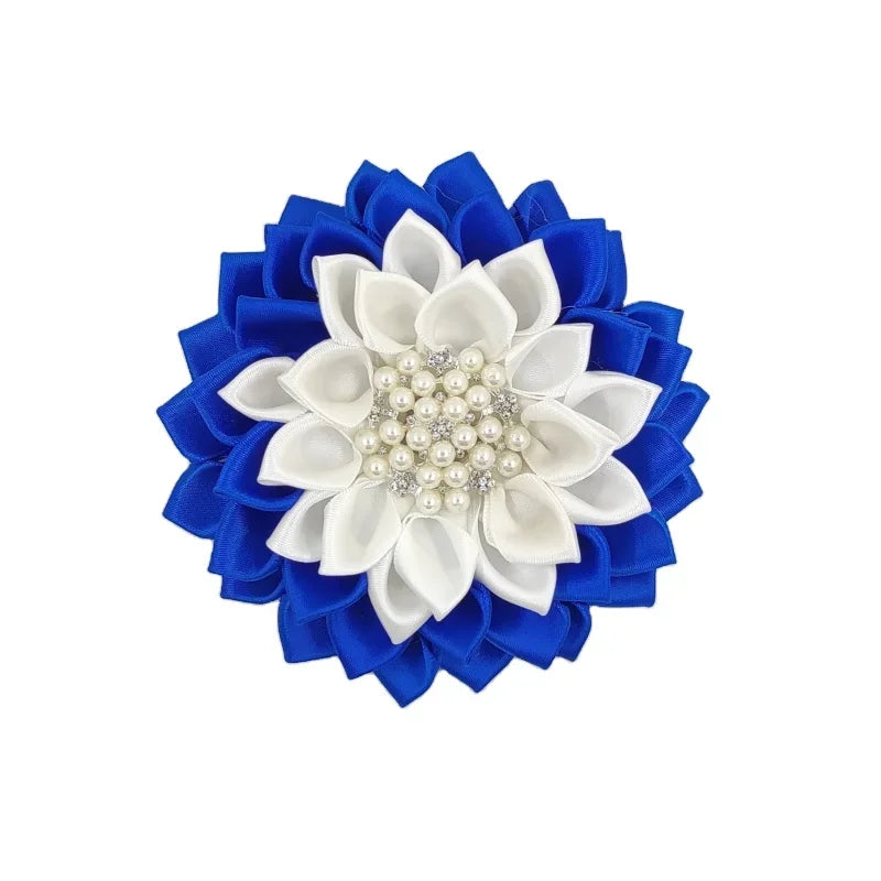 13 cm 4.5 Inch Elastic Blue Satin Ribbon Layer Petal Flower Women's Crystal Rhinestone Brooch Pin Wedding Engagement Party Gift