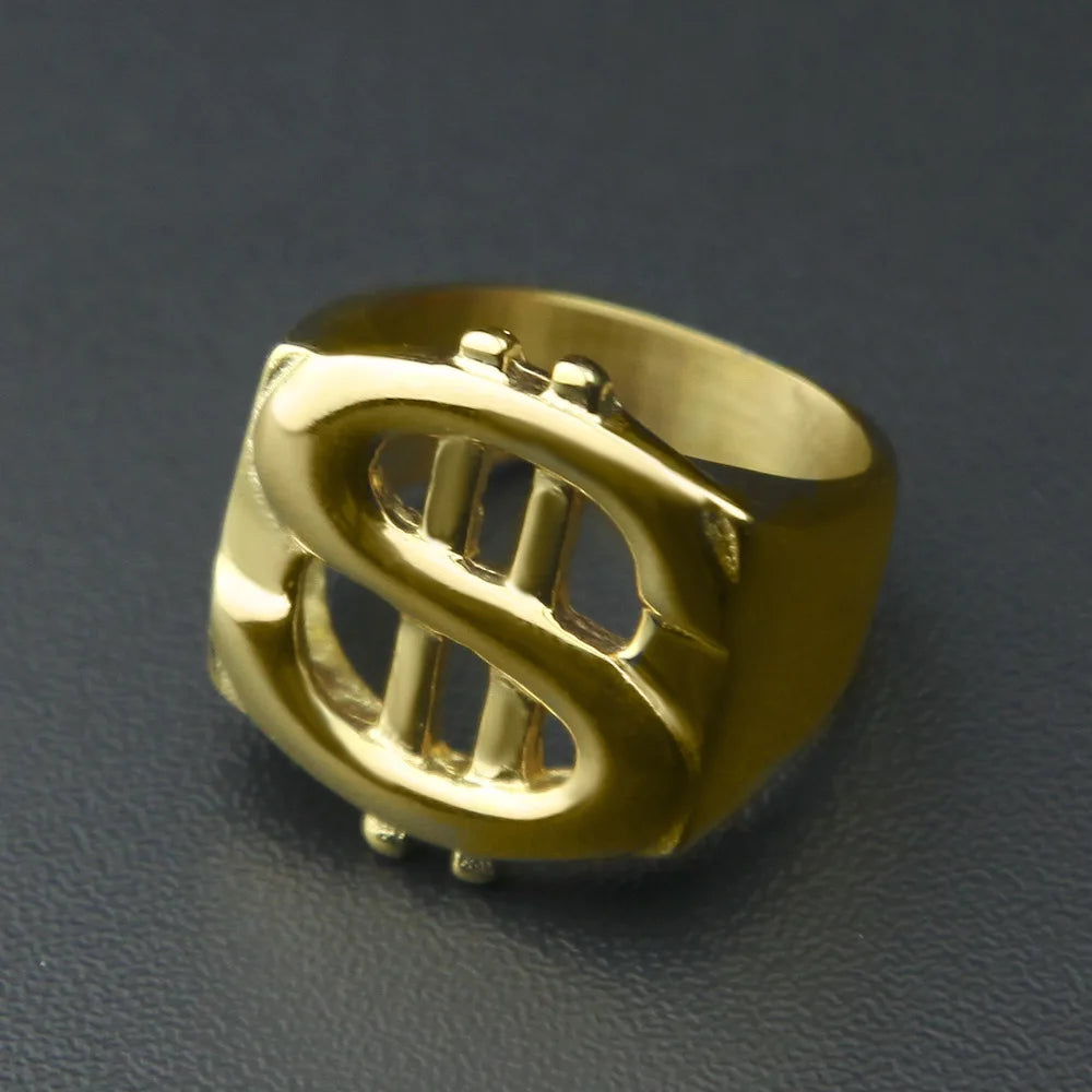 US Dollar Sign Ring Street Style Gold/Silver Size /9/10/11/12 Stainless Steel Hip Hop Ring for Rappers Hip Hop Ring Jewelry