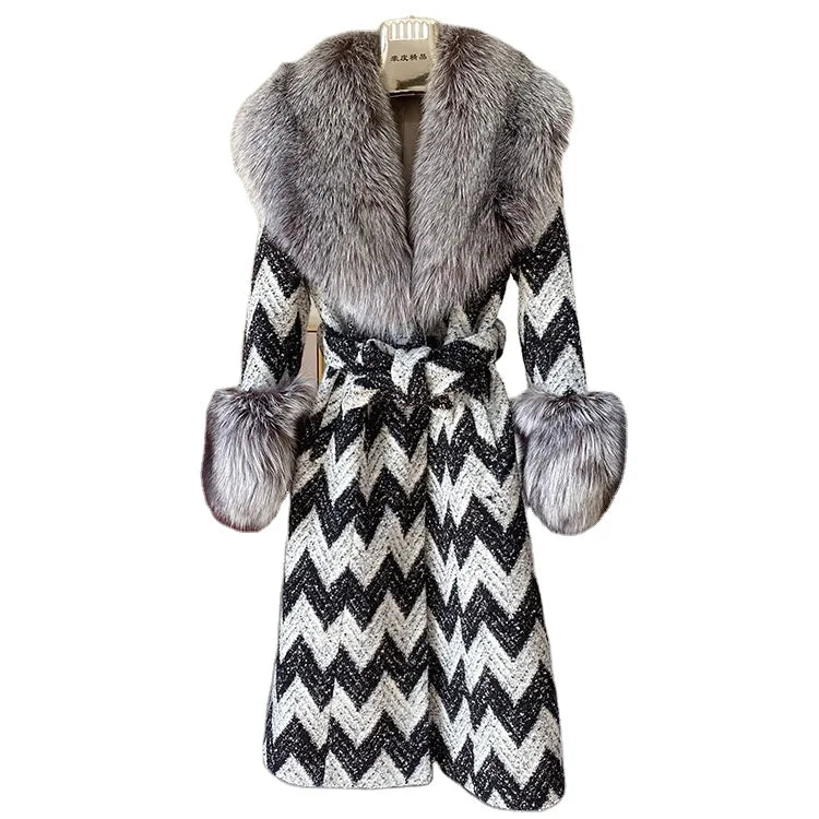 2021 New Arrival Winter Wool Coat Womens Long Cashmere Trench Coat With Fox Fur Collar Cuff