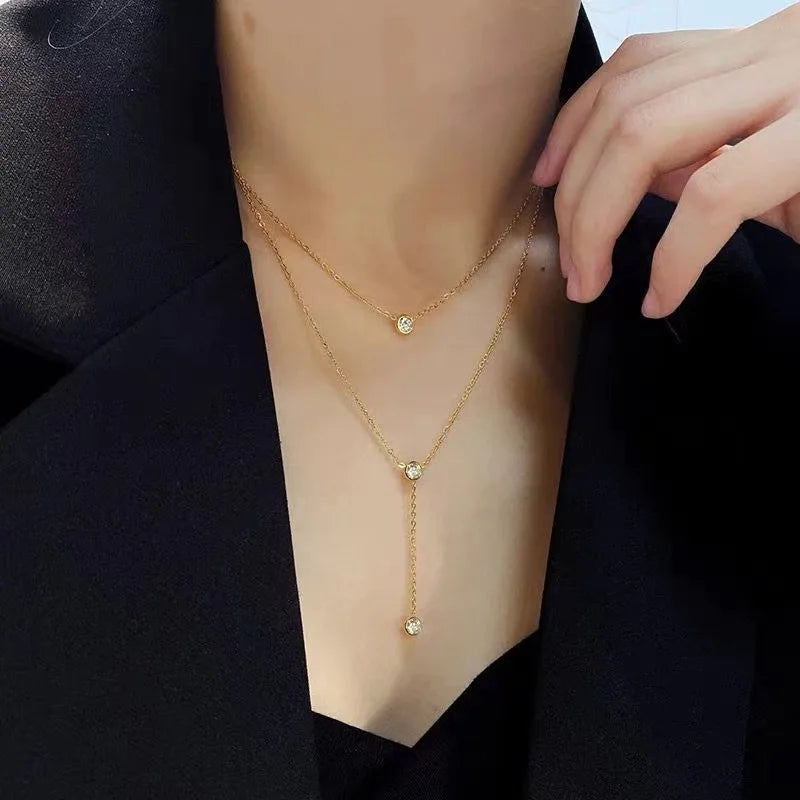 HOVANCI Vintage Summer Stainless Steel PVD Gold Double Layers Zircon Pendant Necklace for Women Stylish Link Chain for Parties