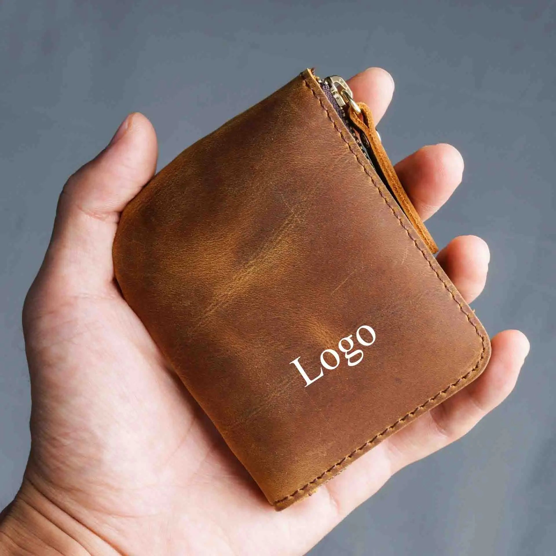 Custom Wholesale Crazy Horse Genuine Leather Short Card Holder Men Wallet Retro Zipper Coin Pocket Wallet for Men